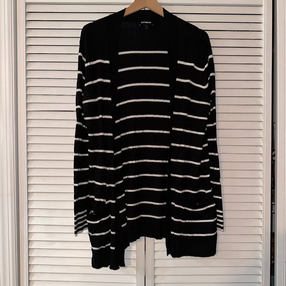 Express Sweaters - Express Black & White Striped Cardigan